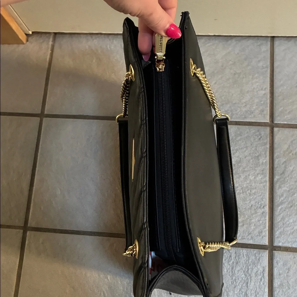 Ellen Tracy Black Quilted Crossbody Tote with Gold Chain